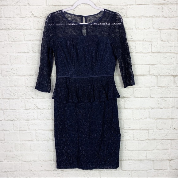 Adrianna Papell Navy Peplum Lace Silk Shift Dress - Picture 2 of 7